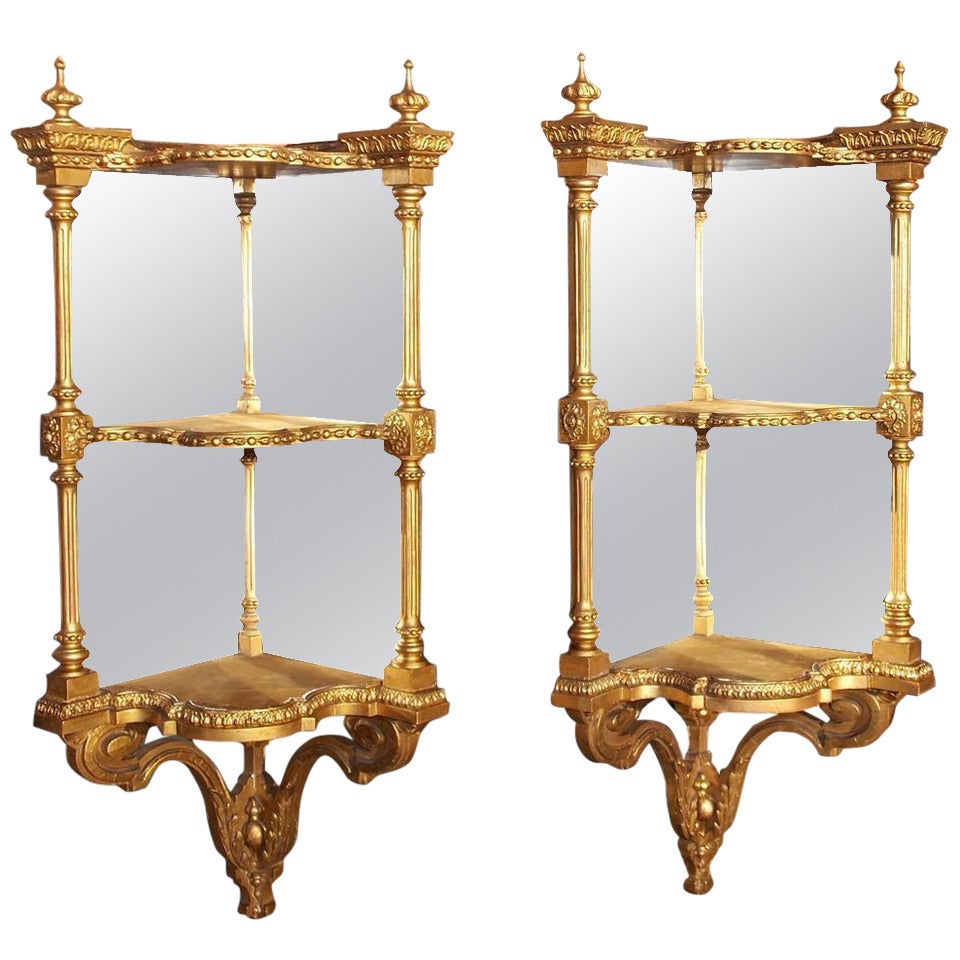 Pair of Italian Gilt Carved Three Tiered Corner Hanging Wall Brackets. C. 1810