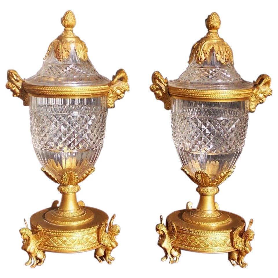 Pair of French Bacchus Ormolu and Crystal Compotes.  Circa 1810