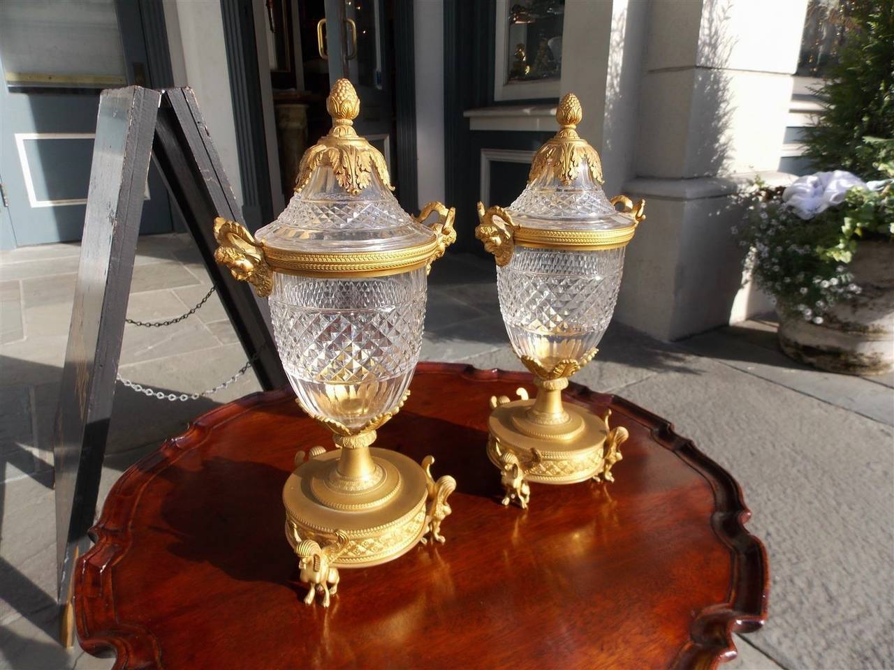 Louis Philippe Pair of French Bacchus Ormolu and Crystal Compotes.  Circa 1810