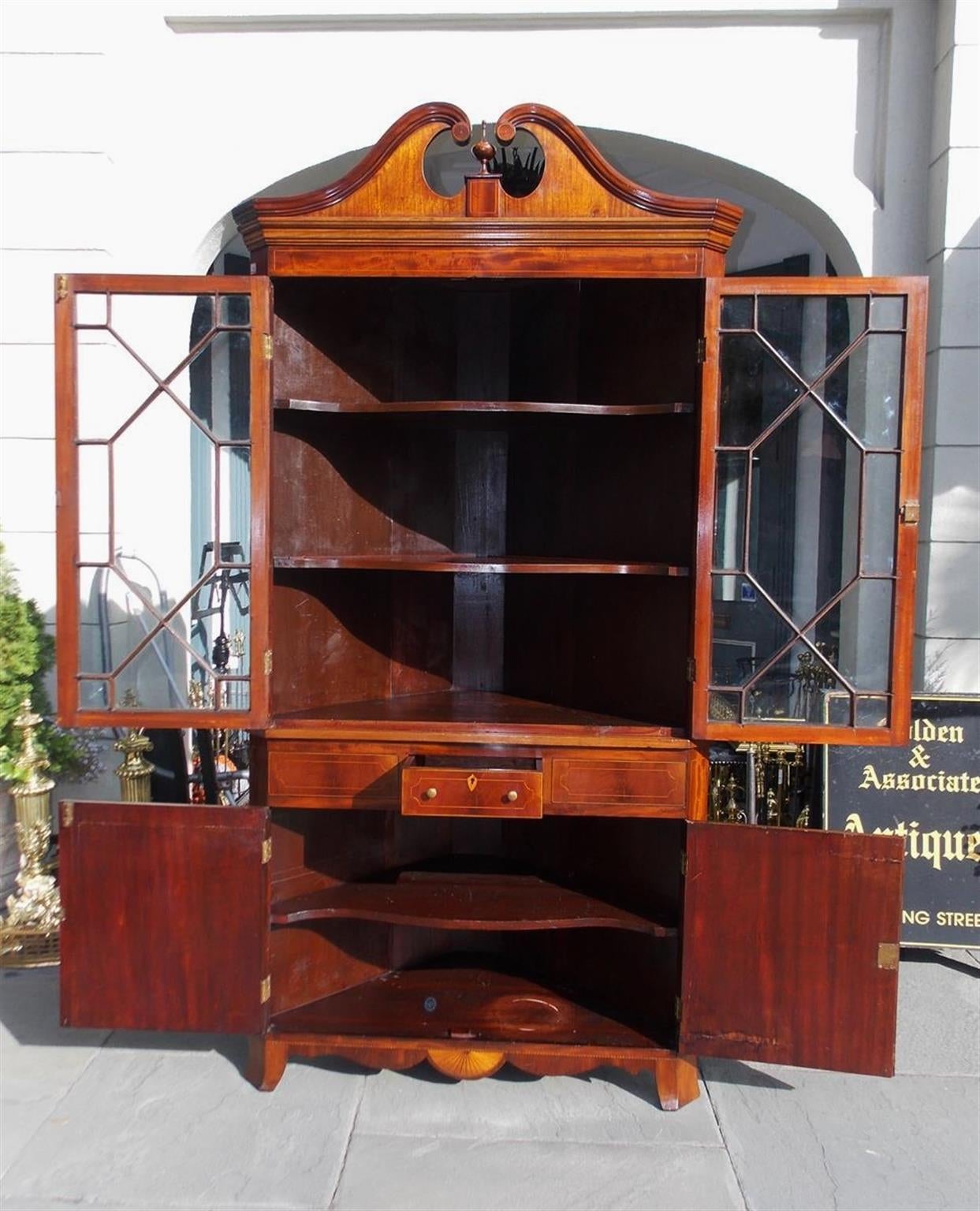 Hand-Carved Elegant American Mahogany Satinwood Inlaid Corner Cupboard,  Va , Circa 1800  For Sale