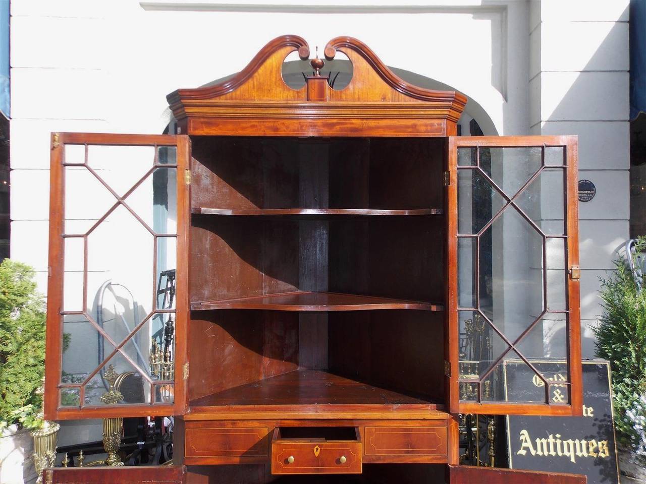 Brass Elegant American Mahogany Satinwood Inlaid Corner Cupboard,  Va , Circa 1800  For Sale