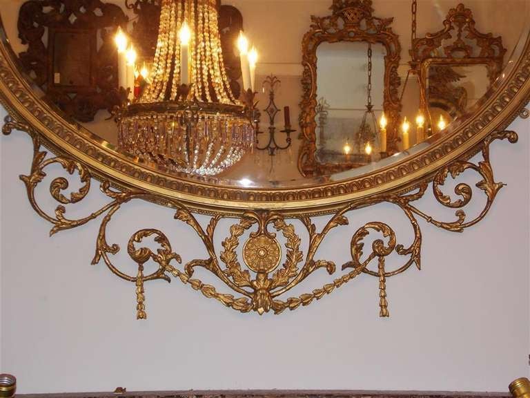 English Adam Style Urn Gilt Wood & Gesso Oval Bell Flower Wall Mirror. C. 1870 In Excellent Condition For Sale In Hollywood, SC