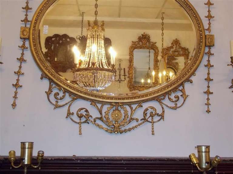 Late 19th Century English Adam Style Urn Gilt Wood & Gesso Oval Bell Flower Wall Mirror. C. 1870 For Sale