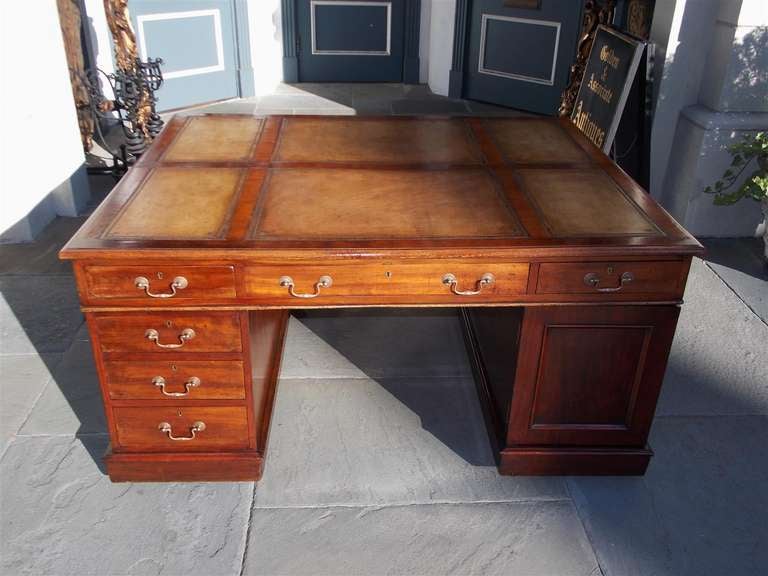 Hand-Carved George III-style English Mahogany Leather Top Partners Desk, Circa 1890