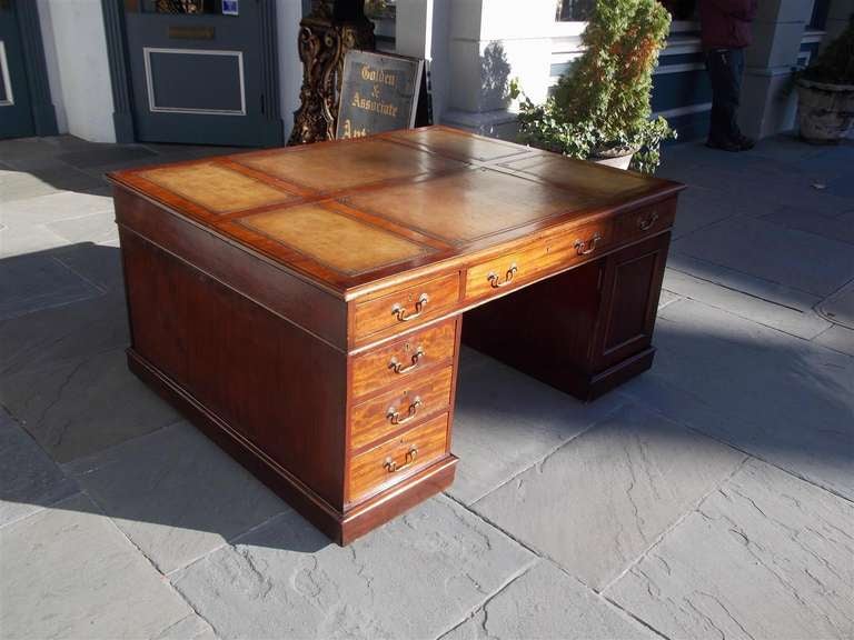 Brass George III-style English Mahogany Leather Top Partners Desk, Circa 1890