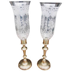 Pair of English Brass and Acid Etched Globe Candlesticks. Circa 1830