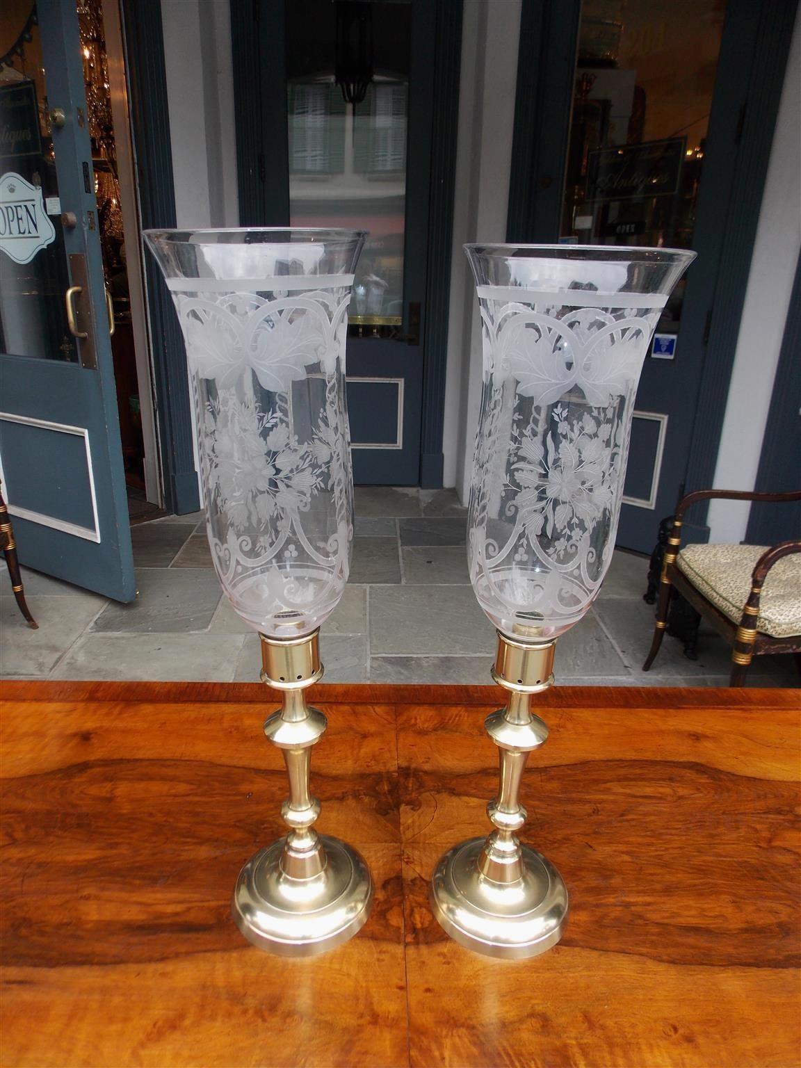 Pair of English Brass and Acid Etched Globe Candlesticks. Circa 1830