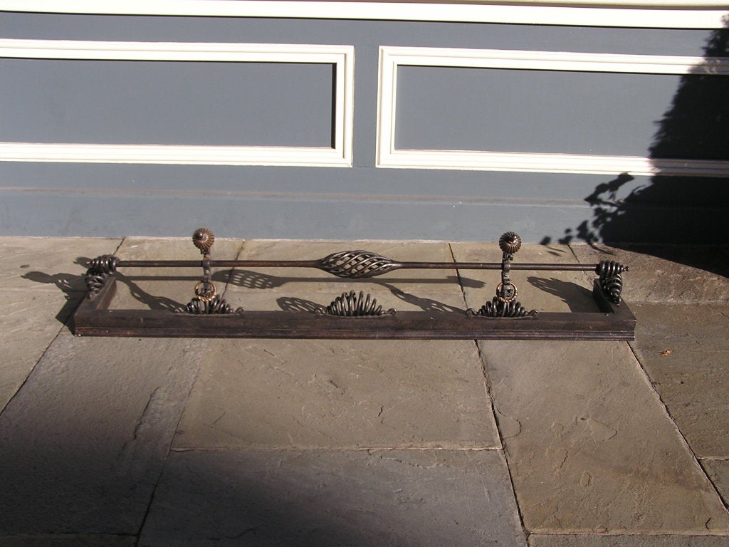 American wrought iron fire fender with bronze fluted finial balls & twisted pulls, centered birdcage decorative bar, and surmounted by scrolled iron motif.