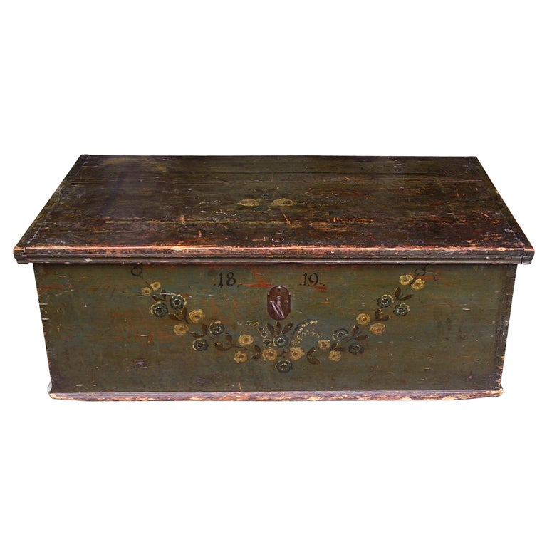 American White Pine Decorative Floral Painted Blanket Chest , NY, Circa 1819