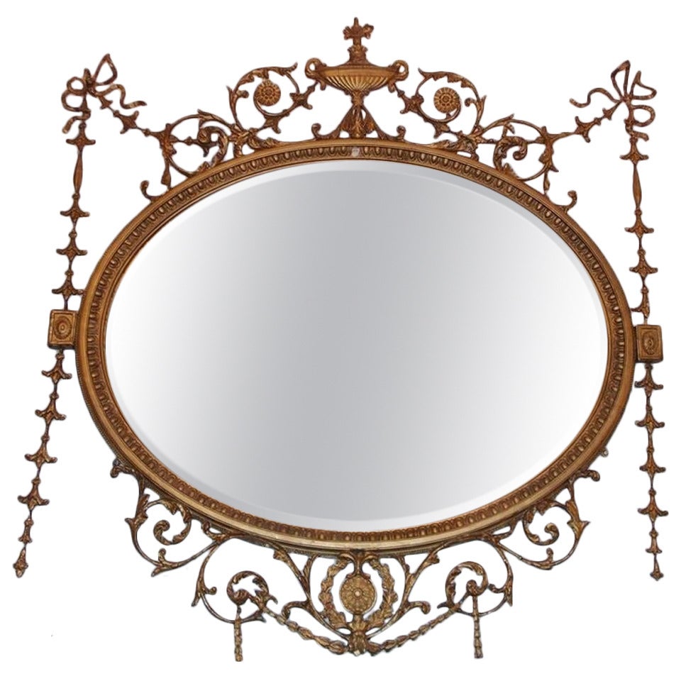 English Adam Style Urn Gilt Wood & Gesso Oval Bell Flower Wall Mirror. C. 1870 For Sale