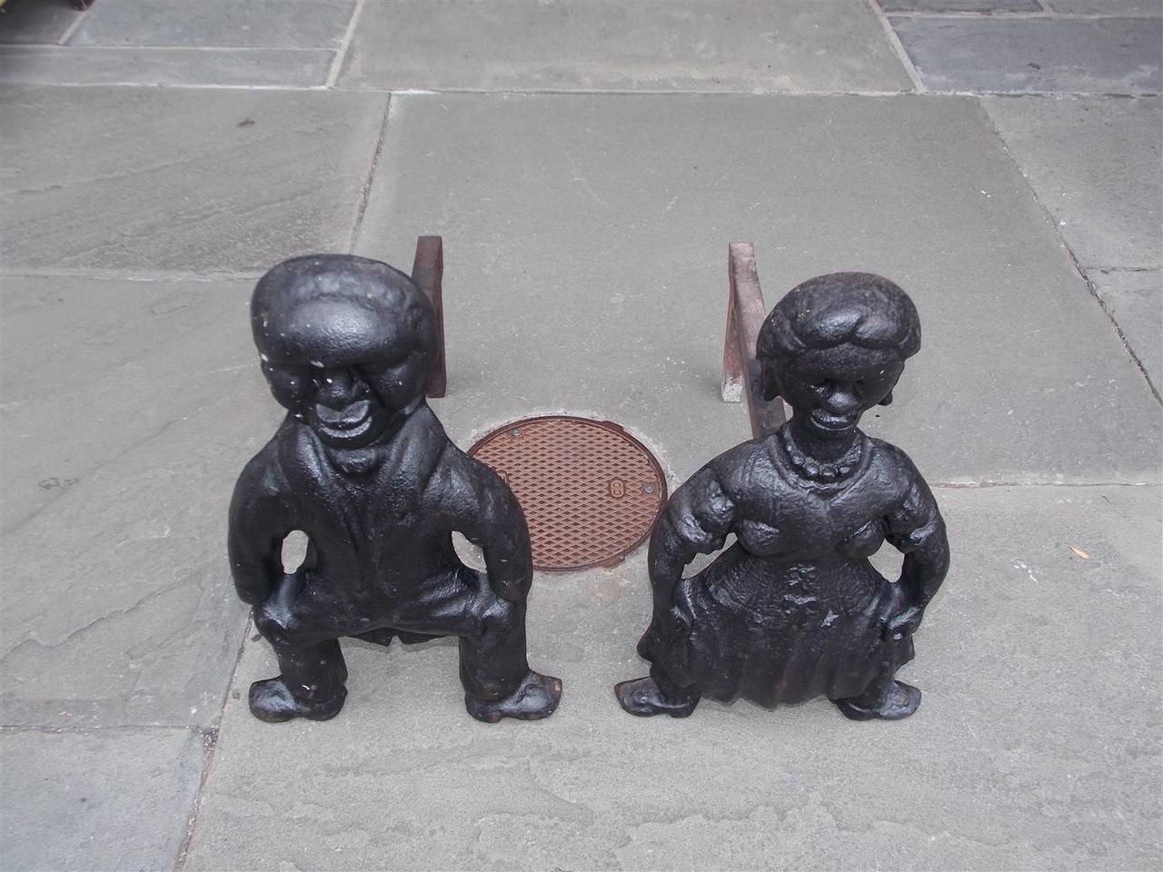 Mid-19th Century Pair of American Cast Iron Figural Andirons. Circa 1840 For Sale