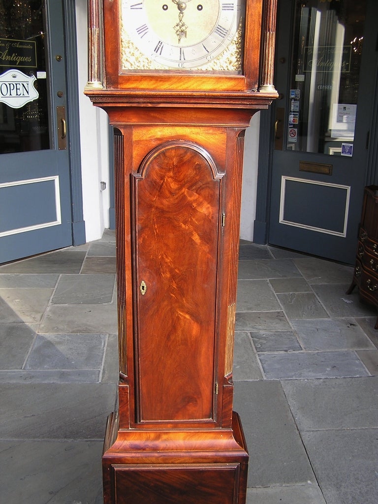 Brass English Mahogany Tall Case Clock Signed by Maker M. Richardson, London, C. 1790 For Sale