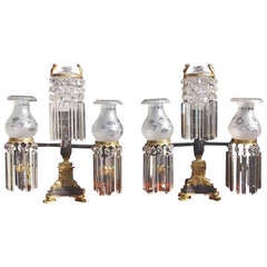 Pair of American Gilt Bronze and Crystal Argand Lamps, Circa 1820 6