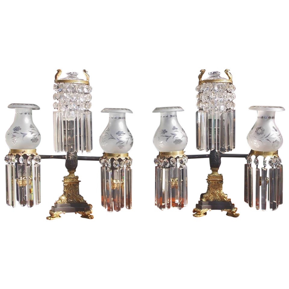 Pair of American Gilt Bronze and Crystal Argand Lamps, Philadelphia. Circa 1820 For Sale