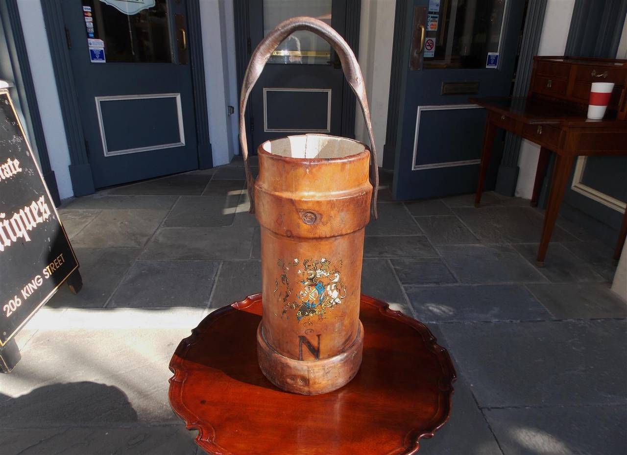 English leather fire bucket with hand painted Coat of Arms 
