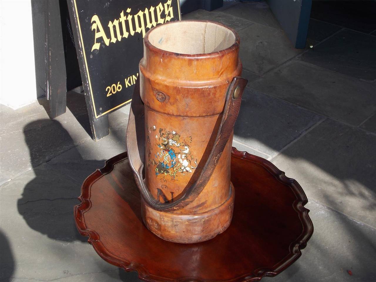 William IV English Leather Hand Painted Fire Bucket.  Circa 1850