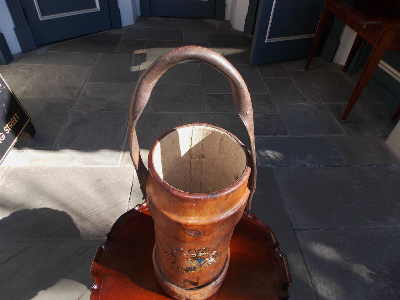 British English Leather Hand Painted Fire Bucket.  Circa 1850