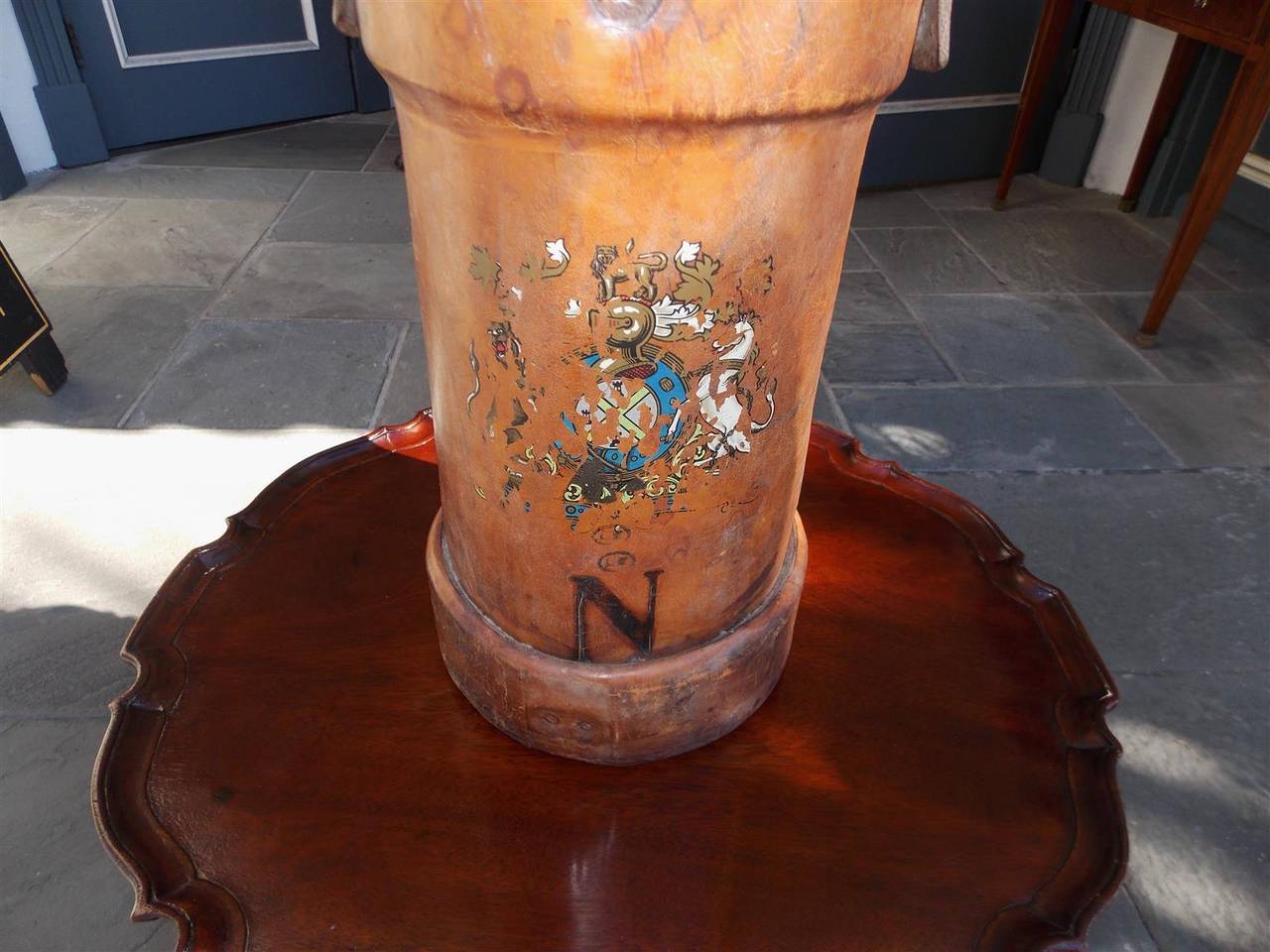 English Leather Hand Painted Fire Bucket.  Circa 1850 In Excellent Condition In Hollywood, SC