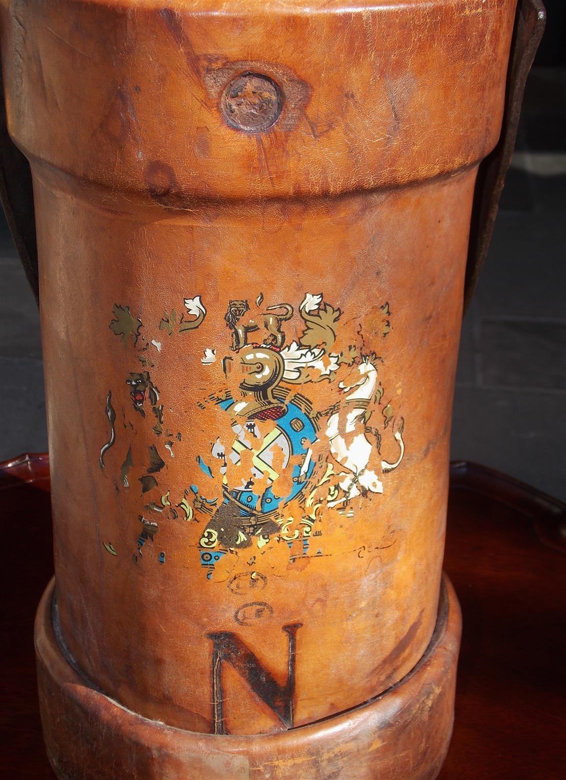 English Leather Hand Painted Fire Bucket.  Circa 1850 1