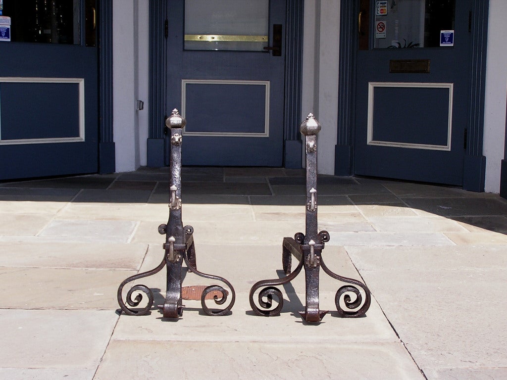 Pair of Italian wrought iron and polished steel andirons with floral finials, double spit hooks, and ending on decorative scrolled legs. All original.