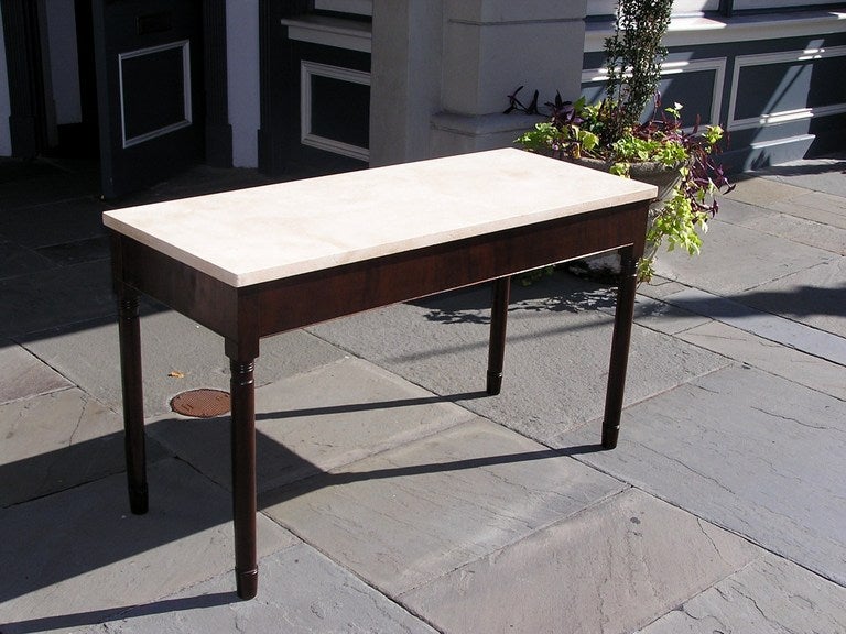American Sheraton marble top console with turned legs. All original.