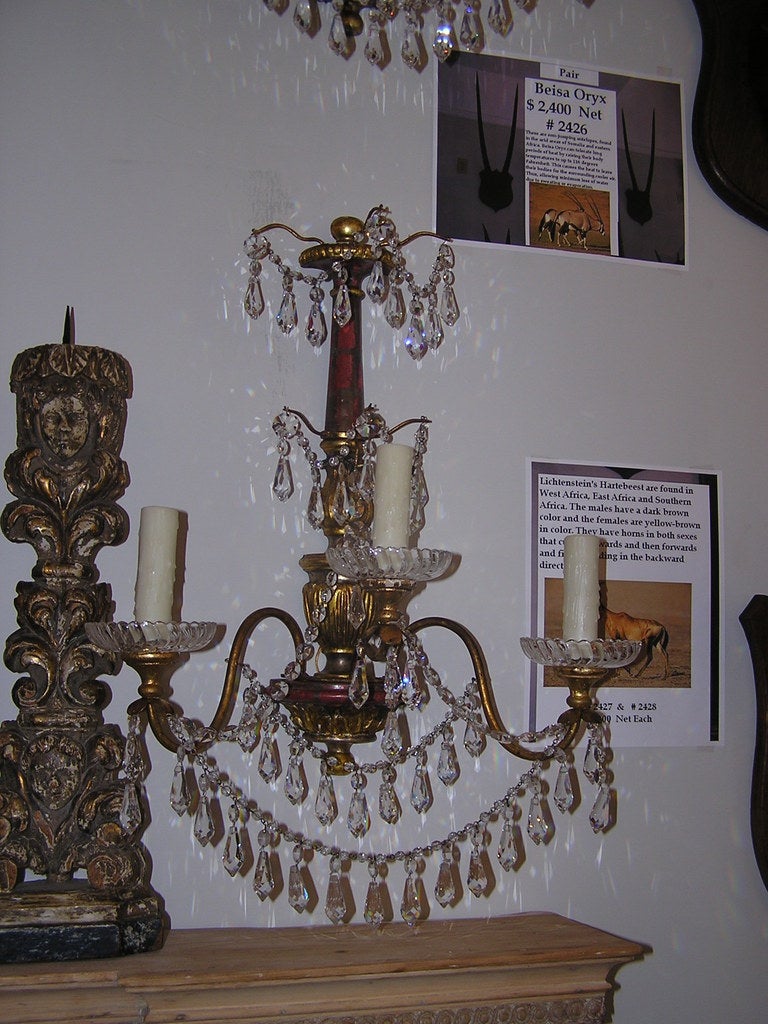 19th Century Pair of Italian Polychromed and Crystal Sconces For Sale