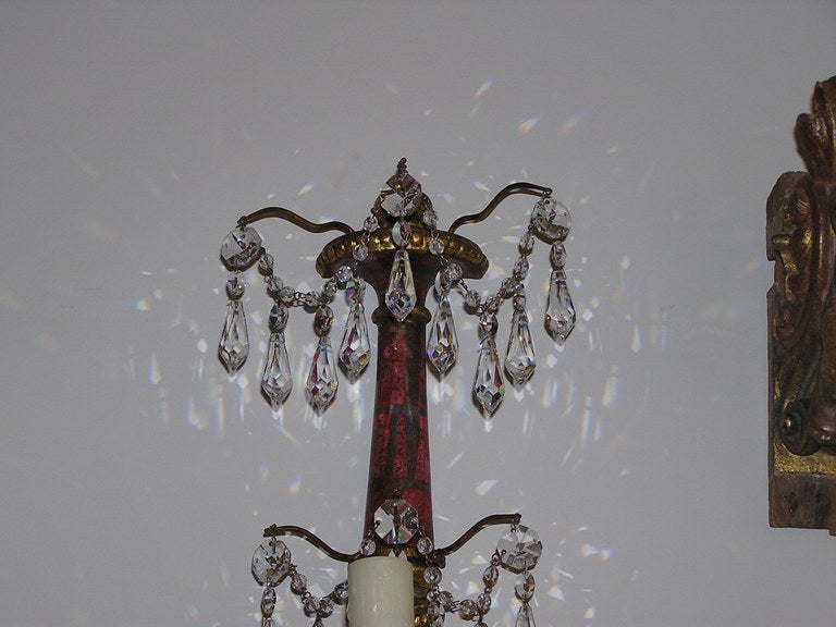 Pair of Italian Polychromed and Crystal Sconces For Sale 1