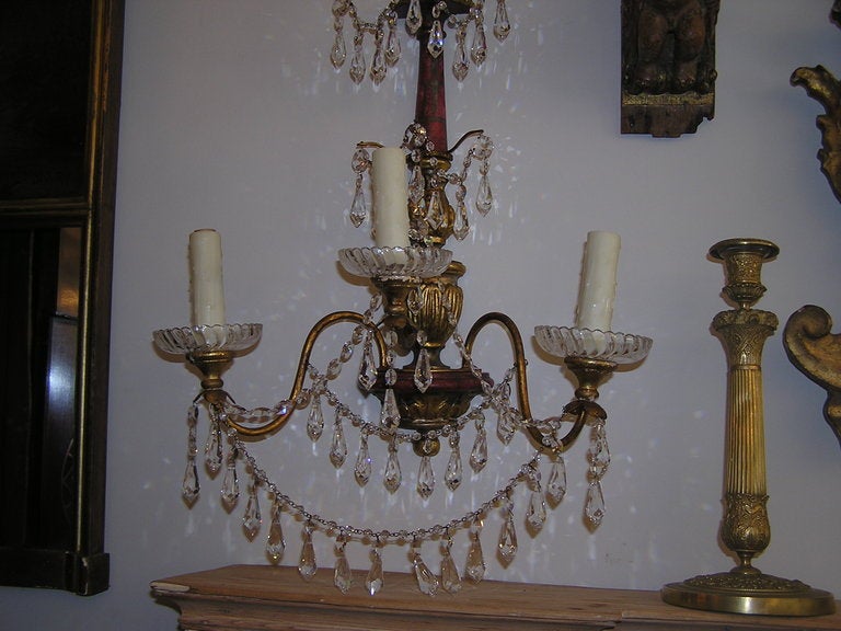 Pair of Italian Polychromed and Crystal Sconces For Sale 2