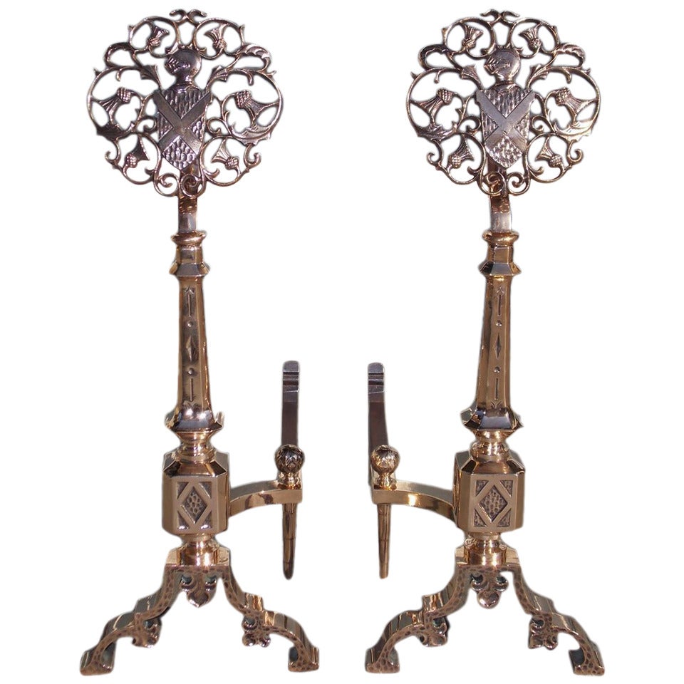 Pair of French Bell Brass Medallion and Coat of Arms Andirons. C. 1830 For Sale