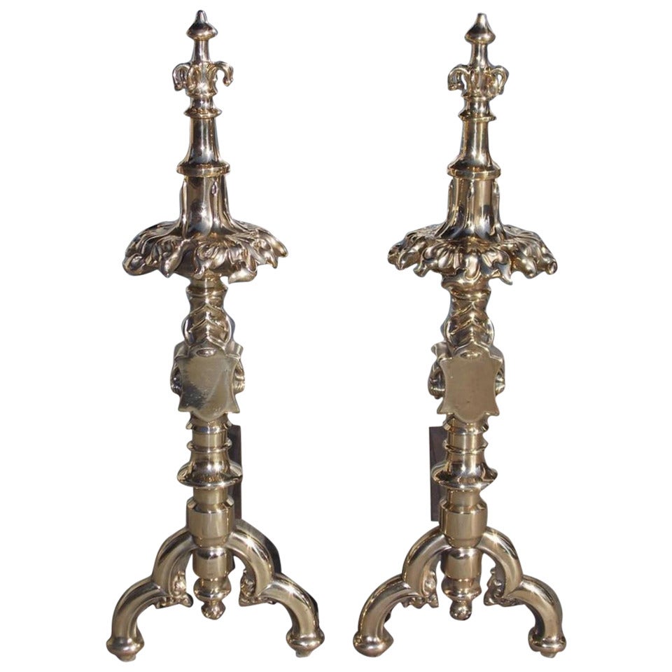 Pair of English Bronze Gothic Decorative Floral and Finial Andirons. Circa 1740