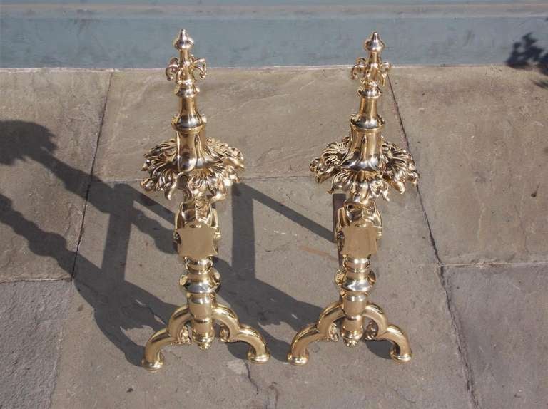 Cast Pair of English Bronze Gothic Decorative Floral and Finial Andirons. Circa 1740