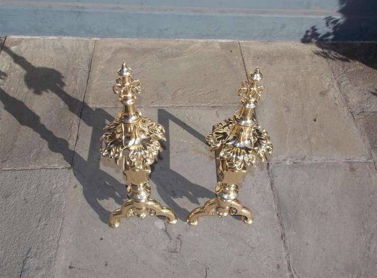 Pair of English Bronze Gothic Decorative Floral and Finial Andirons. Circa 1740 In Excellent Condition In Hollywood, SC