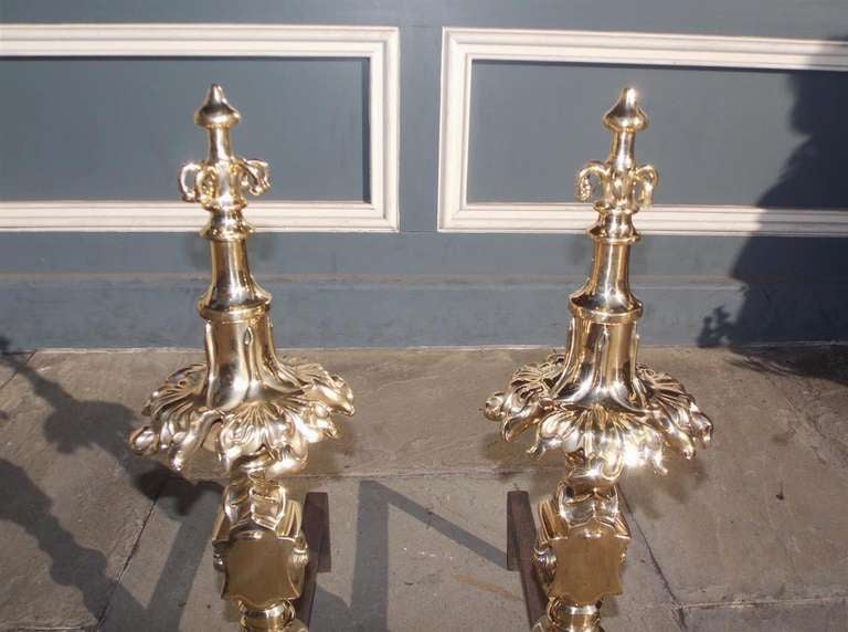 Mid-18th Century Pair of English Bronze Gothic Decorative Floral and Finial Andirons. Circa 1740