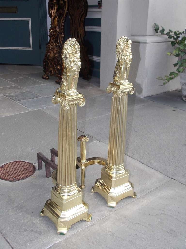 Pair of English Brass Monumental Lion Andirons. Circa 1840 In Excellent Condition In Hollywood, SC
