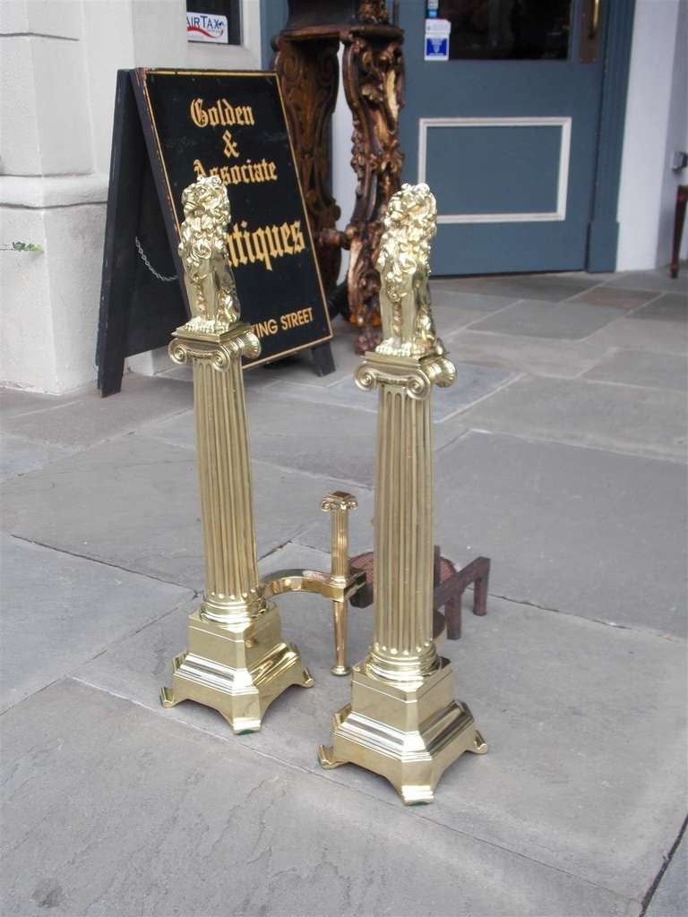 19th Century Pair of English Brass Monumental Lion Andirons. Circa 1840