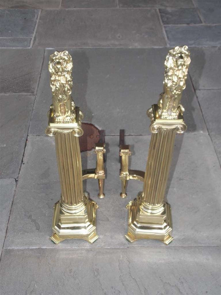 Pair of English Brass Monumental Lion Andirons. Circa 1840 1