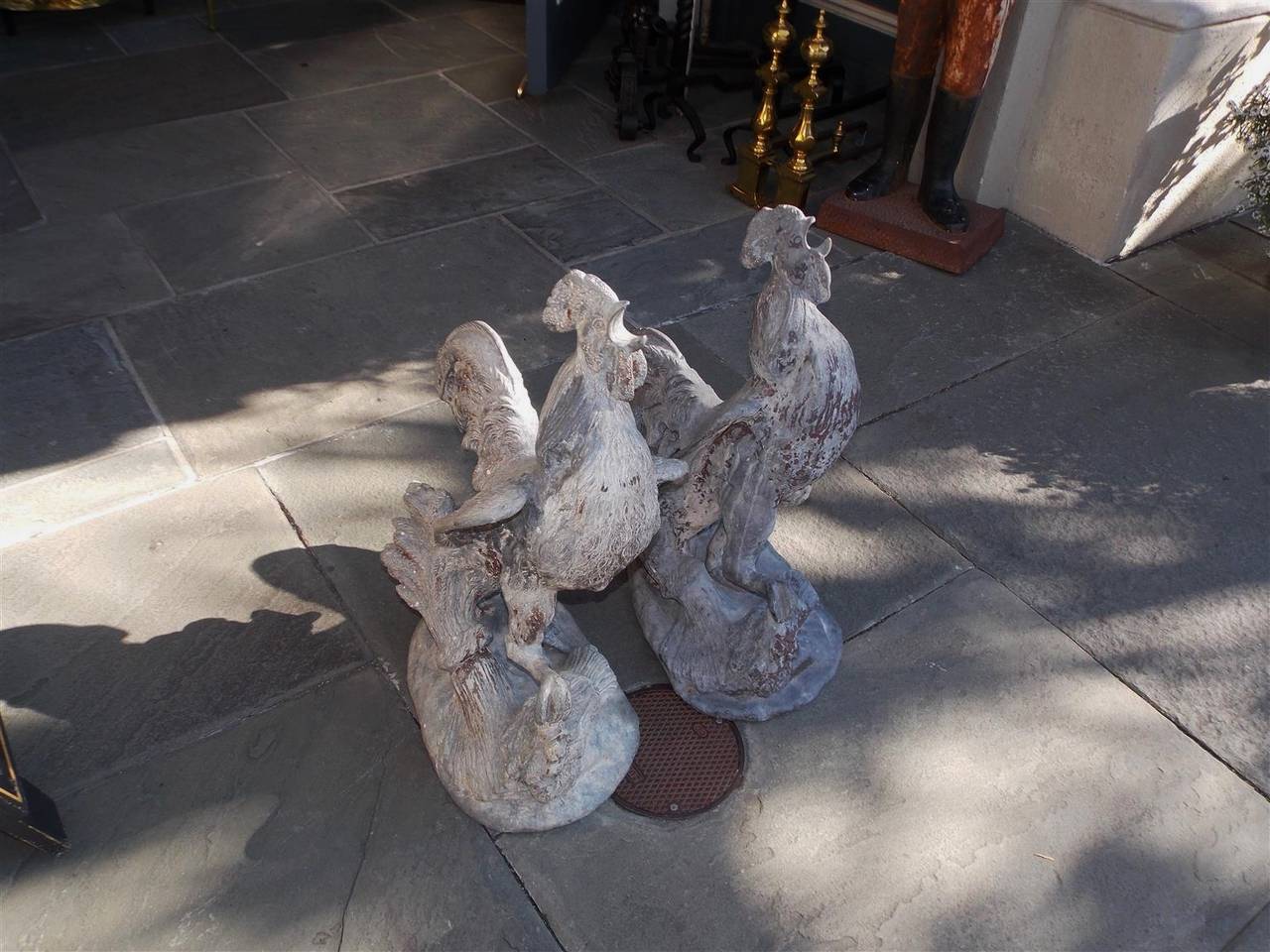 Pair of French Poly Chromed Lead Roosters, Circa 1780
