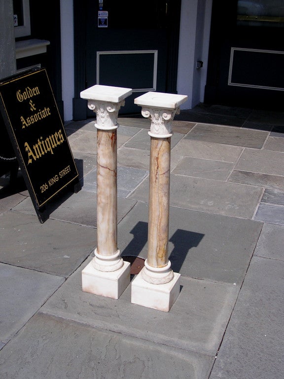 Neoclassical Pair of Italian Corinthian Column Hand Carved Marble Pedestals, Circa 1830