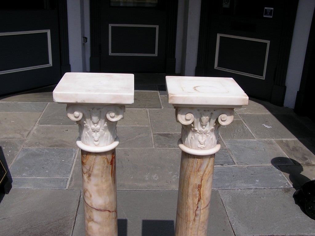 Hand-Carved Pair of Italian Corinthian Column Hand Carved Marble Pedestals, Circa 1830