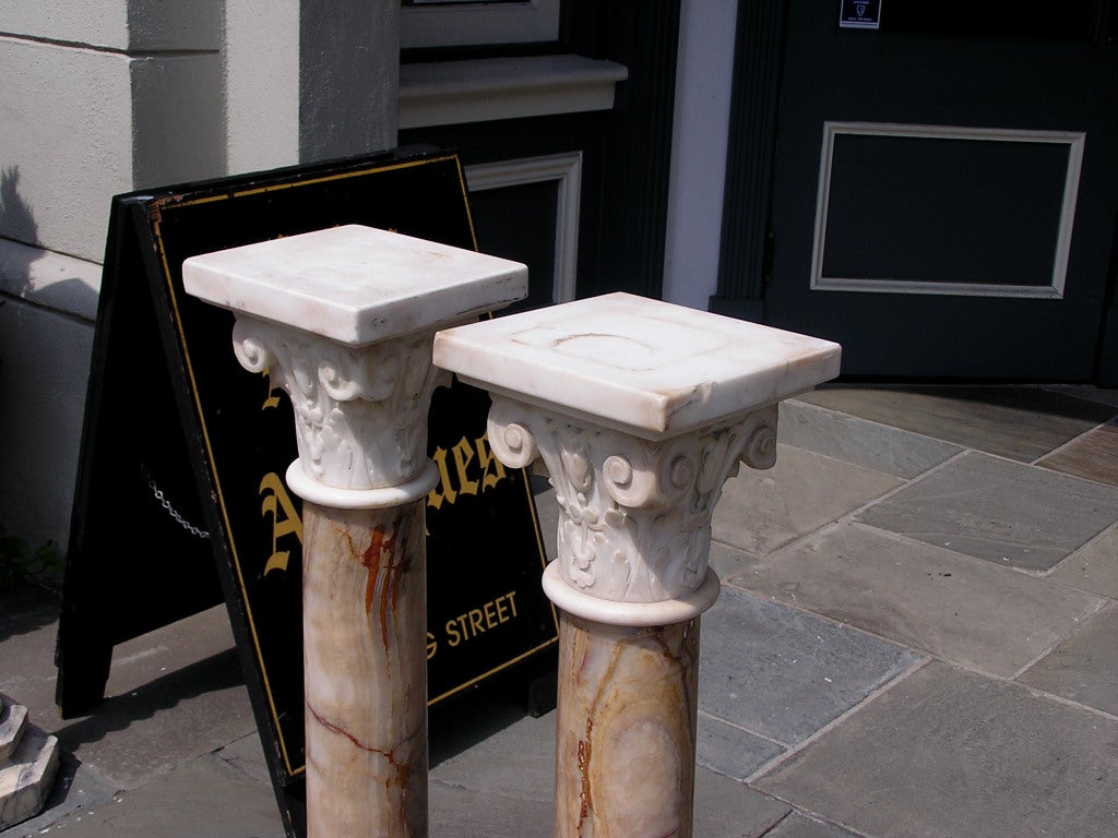 Pair of Italian Corinthian Column Hand Carved Marble Pedestals, Circa 1830 In Excellent Condition In Hollywood, SC