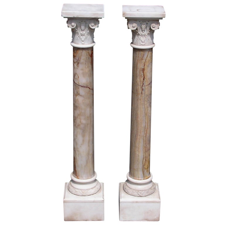 Pair of Italian Corinthian Column Hand Carved Marble Pedestals, Circa 1830