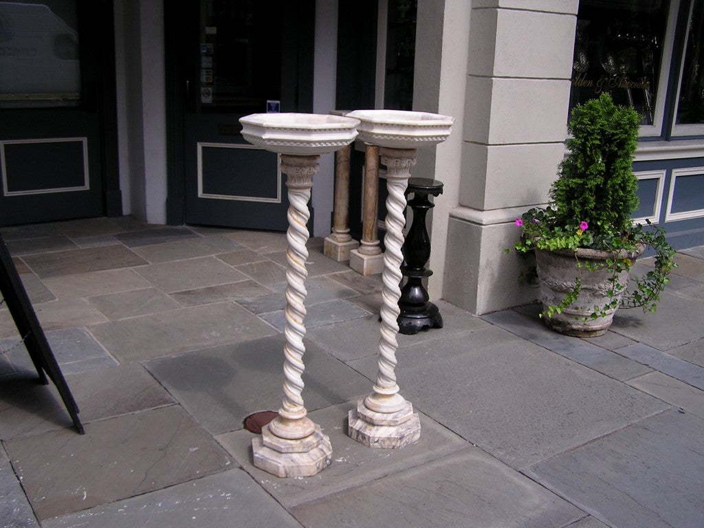 Pair of Italian marble octagon bird bath pedestals with carved dental molded bowl, floral twisted center column, resting on three tierd base.
