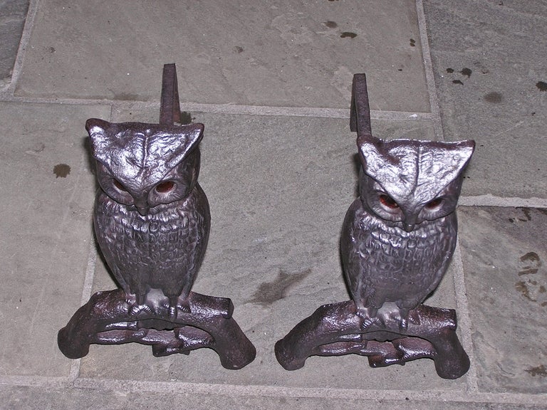 Pair of American cast iron owl andirons with original glass eyes perched on tree limb motif. Boston. Dealers please call for trade price. 