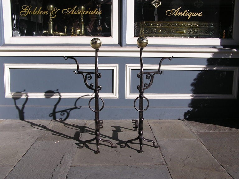 Pair of American Goose Neck Wrought Iron and Brass Ball Andirons.  Circa 1760
