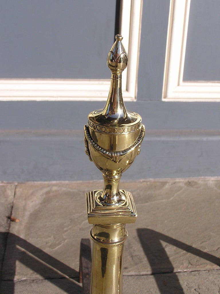 American Pair of Philadelphia Brass Flanking Urn Finial Andirons with Engravings, C 1790  For Sale