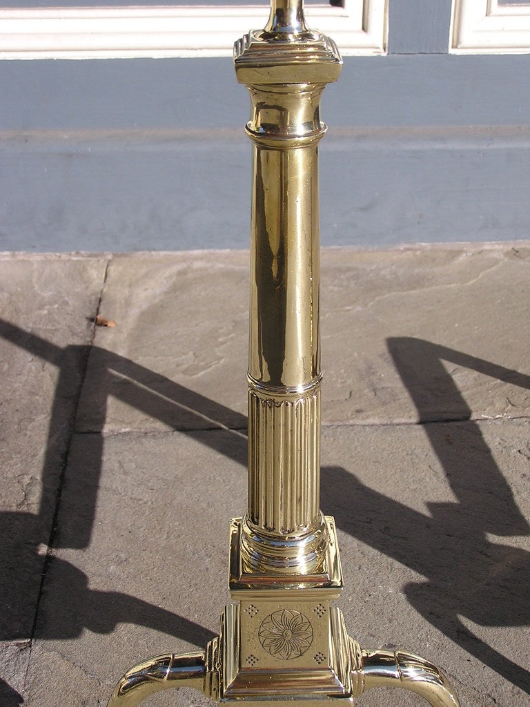 Cast Pair of Philadelphia Brass Flanking Urn Finial Andirons with Engravings, C 1790  For Sale