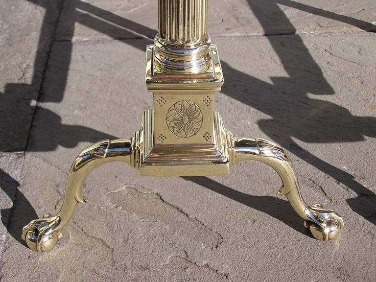 Late 18th Century Pair of Philadelphia Brass Flanking Urn Finial Andirons with Engravings, C 1790  For Sale