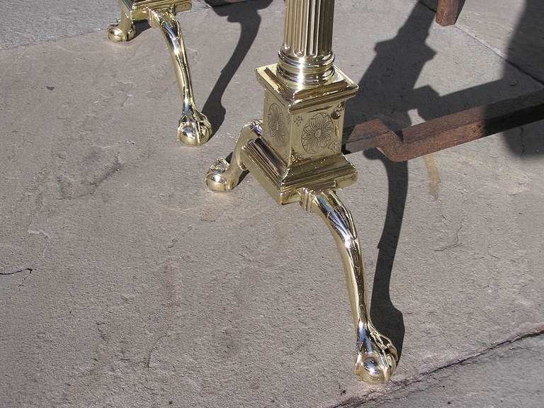 Pair of Philadelphia Brass Flanking Urn Finial Andirons with Engravings, C 1790  For Sale 1