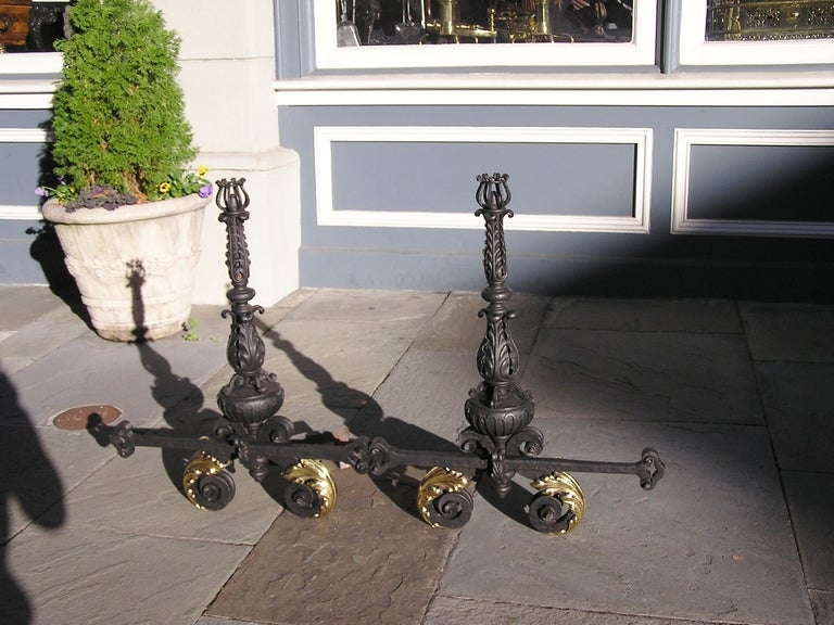 Neoclassical Pair of Italian Wrought Iron & Brass Acanthus Foliage Andirons with Bar, C. 1790 For Sale