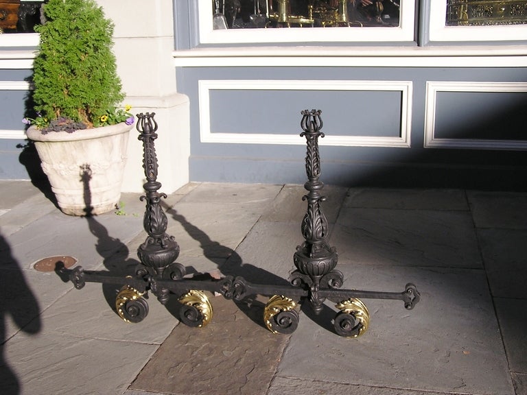 Pair of Italian Wrought Iron and Brass Andirons In Excellent Condition For Sale In Hollywood, SC